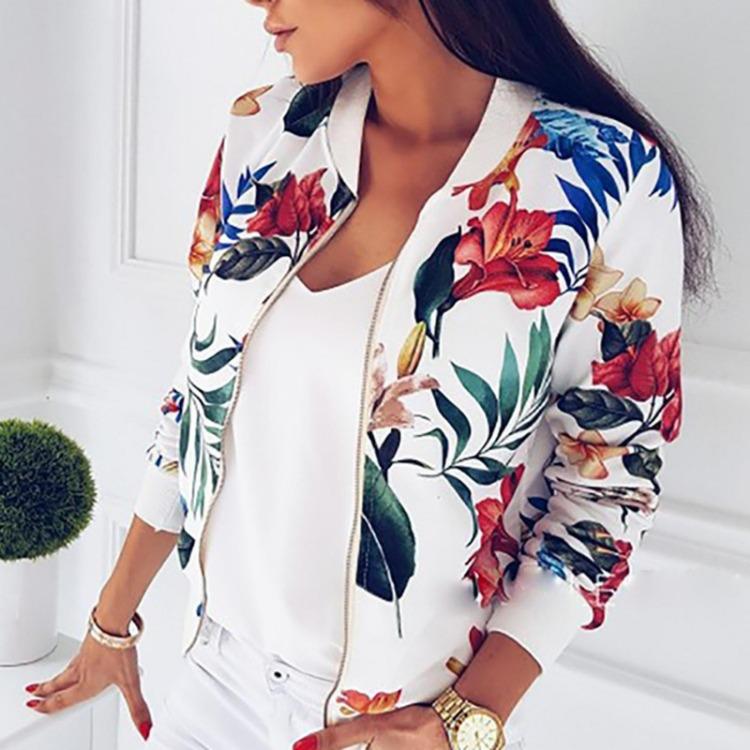 Retro Floral Print Casual Zipper Jacket Womens Stylish Coat Outwear Tops