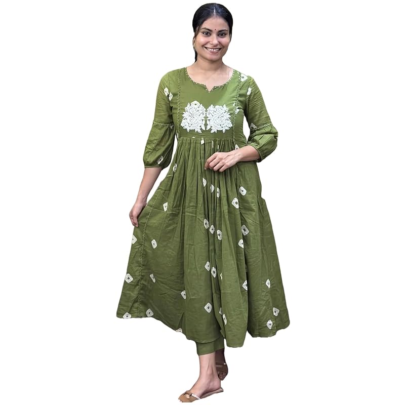 Gosriki Women' Rayon Blend Anarkali Printed Kurta With Pant (Anveshi MethiVks01Gs Green Small)