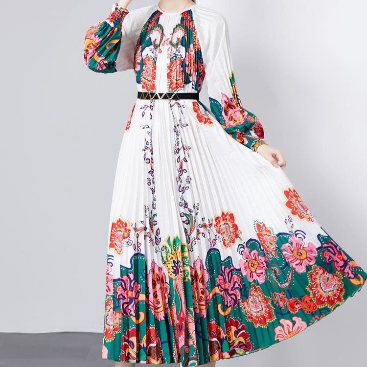 Herbst Damen Vintage Print Designer Loose Runway Robe Plus Size Lange Maxi Holiday Party Kleider mit Gürtel