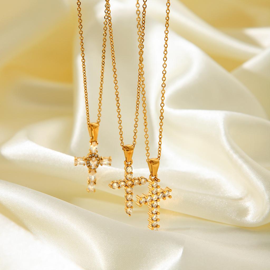 Zirconia Embellished Titanium Steel Cross Pendant Necklace Minimalist Light Luxury Jewelry for Women