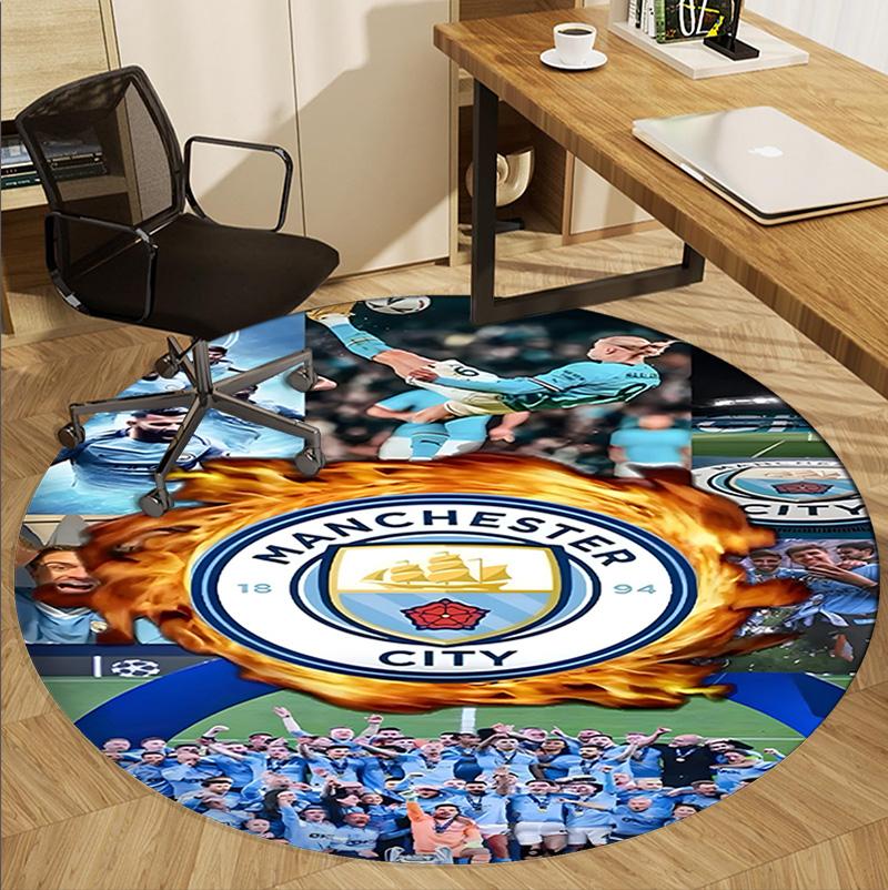Manchester City FC Pattern Round Rug, Indoor/Outdoor Mat, for Picnic, Gameroom, Bedroom, Office, Living Room, Home Decor Carpet, Birthday Gift