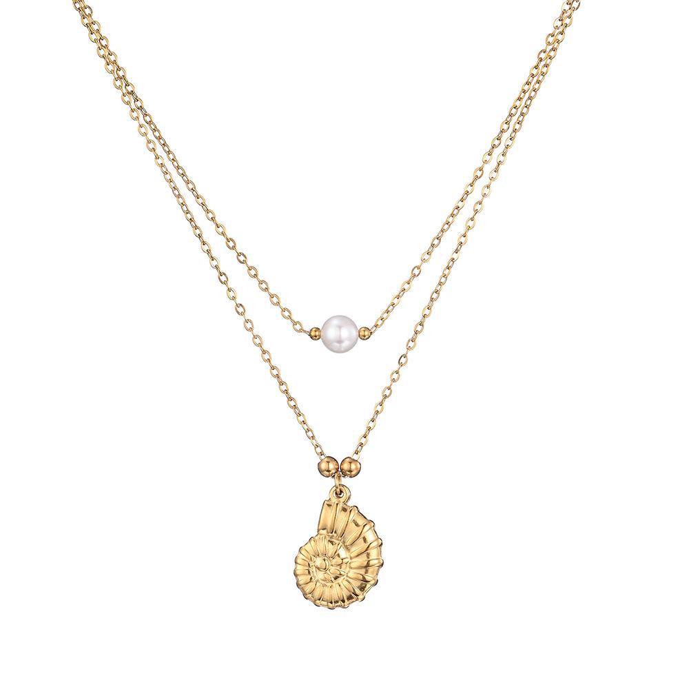 Anti-Oxidation Stainless Steel Conch Pearl Necklace, Double-Layered Design