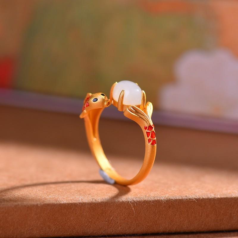 Adjustable Vintage Enamel Koi Fish Ring With Gold Plated Copper Band Women Men Retro Hanfu Qipao Accessory