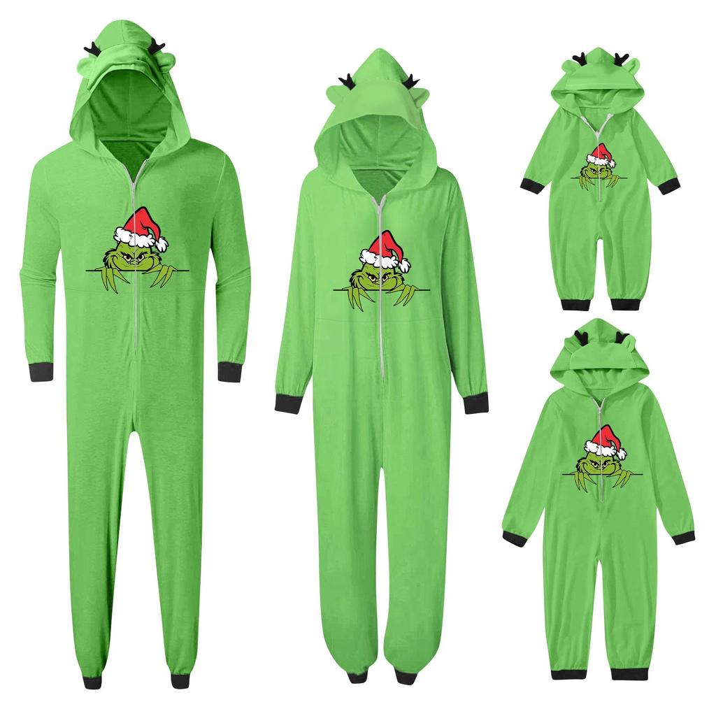 Christmas Printed Family Matching Hooded Long Sleeved Zippered Hooded  Jumpsuit Set