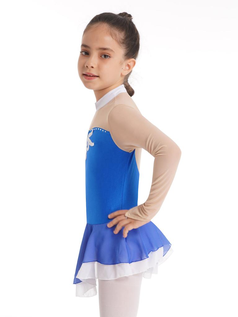 Stilvolles Tanzkleid für Kinder, Mädchen, langärmelig, Netz-Patchwork, Pailletten, Kunstdiamanten, Dekor, Kleid zum Skaten