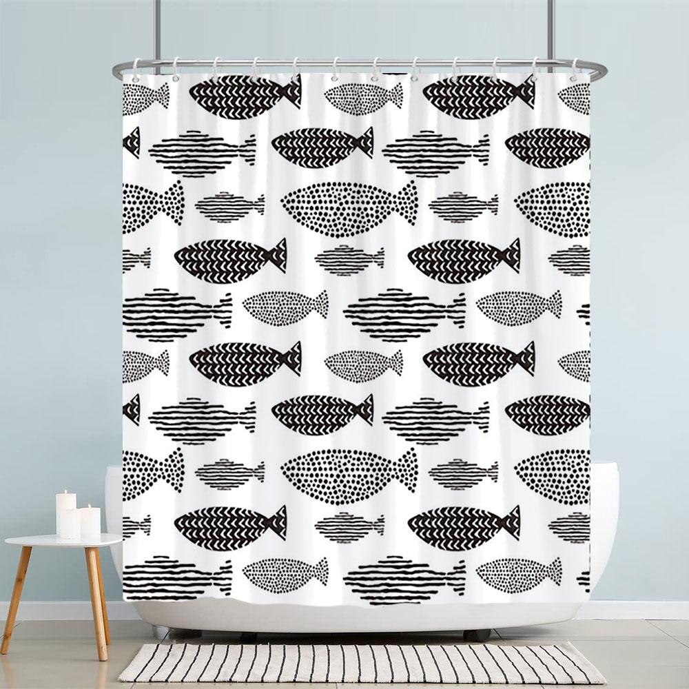 Kids Cartoon Animal Shower Curtain Funny Letters Blue Watercolour Fish Polyester Fabric Washable Shower Curtains Bathroom Decor