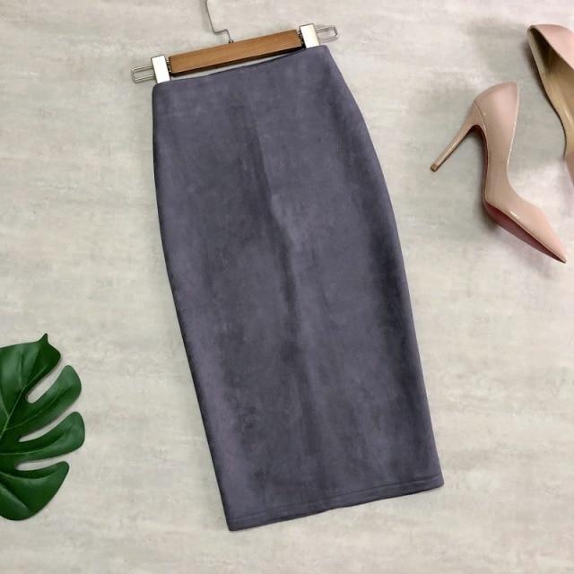 

Осень-зима женские элегантные замшевые юбки-миди с высокой талией однотонная шикарная юбка-карандаш с разрезом сзади M серый