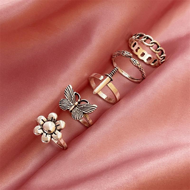 Punk Snake Gothic Silver Color Finger Ring Set 6PCS For Women  Heart Butterfly Wing Angel Wings Cupid Charms Rings Jewelry
