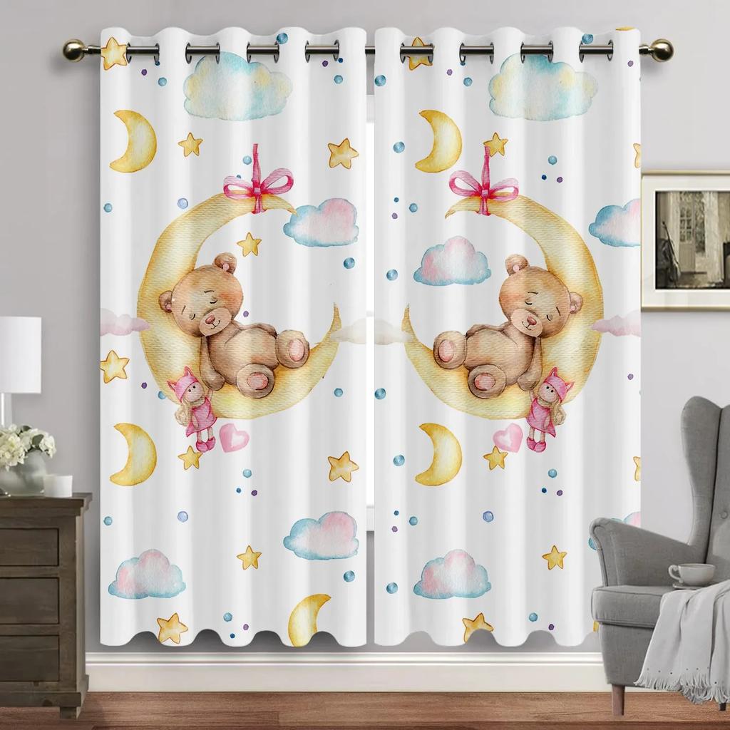 Zwierzęta kreskówkowe zasłona okienna salon akwarela króliczek niedźwiedź zasłony z oczkami nadruk księżyca nowe zasłony do pokoju dziecięcego wysokie cieniowanie