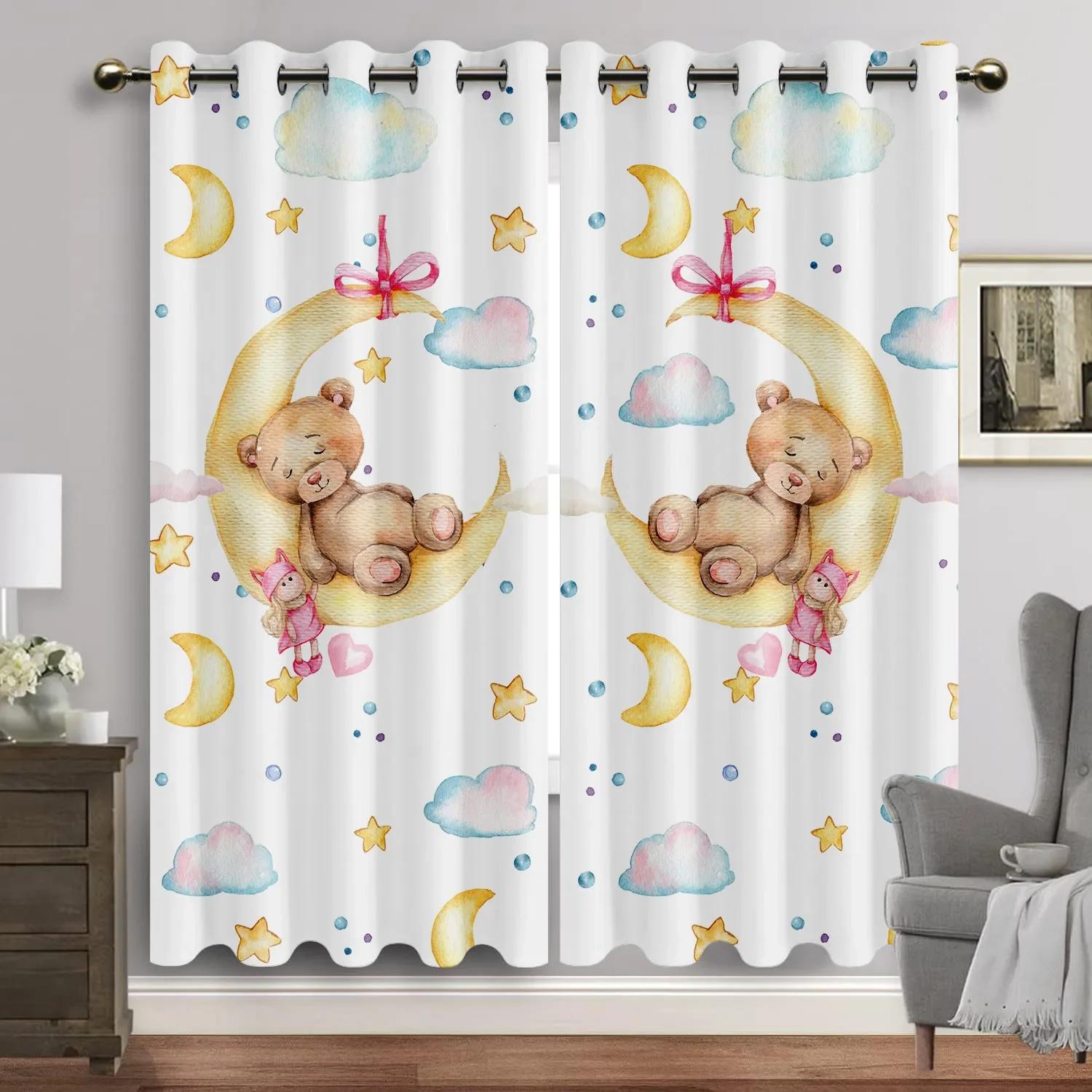 

Занавеска на окно с изображением животных из мультфильмов для гостиной, акварельный кролик, медведь, люверсы, лунный принт, новые шторы для детской комнаты, высокая затененность 140W160H(CM)55x63in&Grommet Top