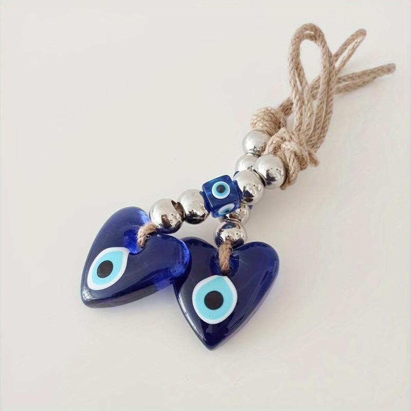 Handmade Heart Shaped Blue Evil Eye Pendant Turkish Blue Glass Ornament with Silver Beads Unique Home Decor Bag Car And Wall Decoration