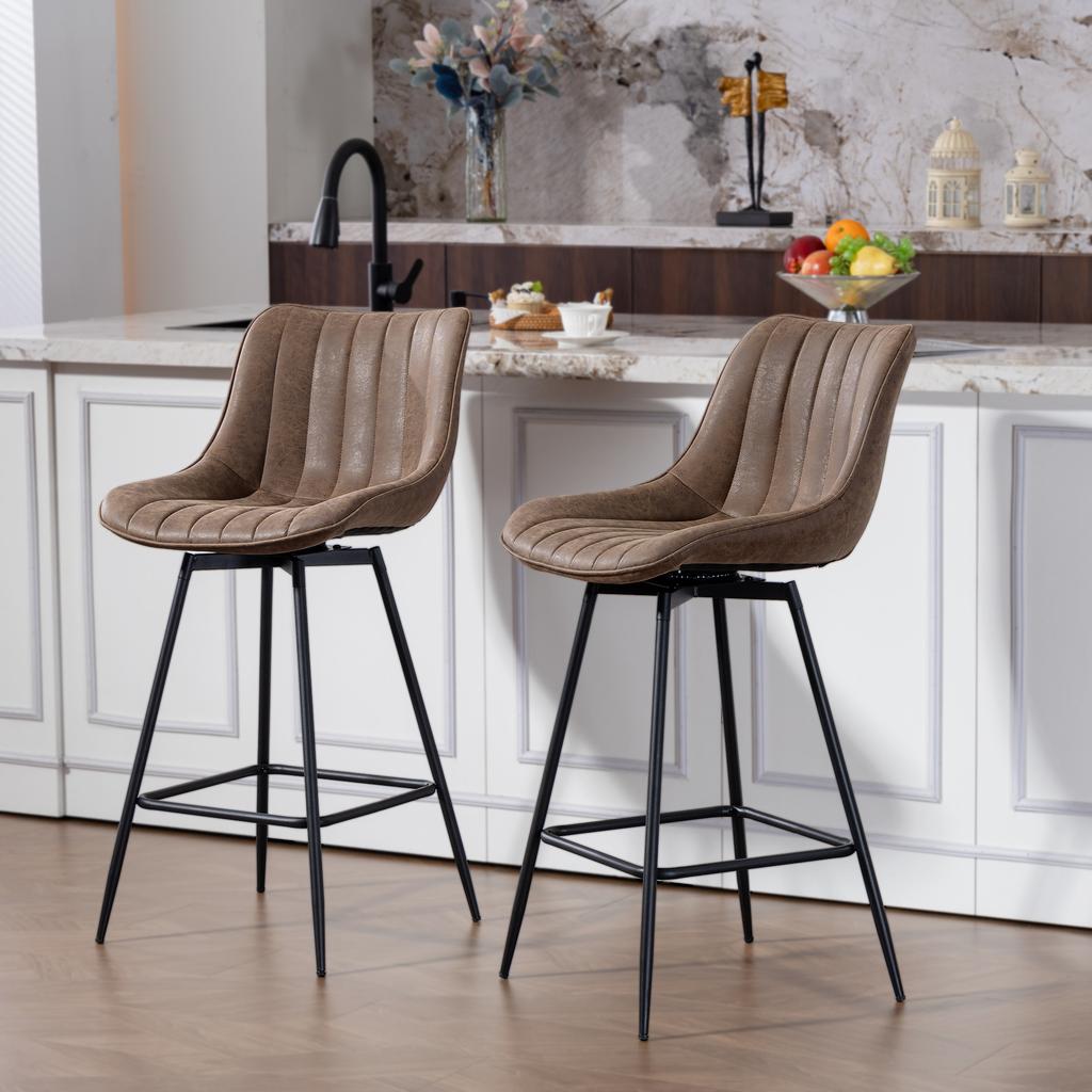 Bar Stools, Set of 2, PU Leather, Padded Seat, 68 cm High, Backrest and Footrest, Brown