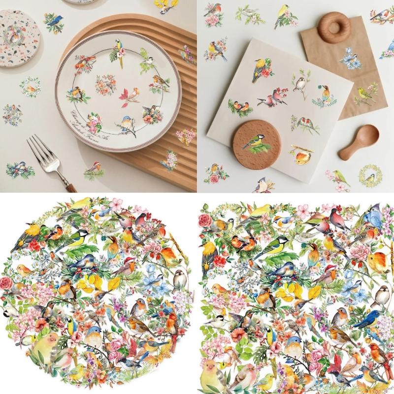 50 Sheets Decorative Sticker Bottle Sticker Reward Sticker Watercolor Bird Graffiti Sticker Decorative Label Sticker