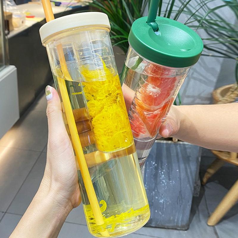 Plastic Water Bottle Portable With Straws Fruit Infuser Tea Juice Cup Fitness Sport Outdoor Travel Bottles Kettle Transparent