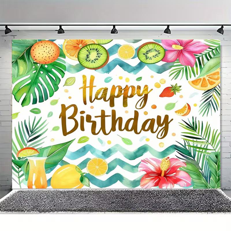2D Aloha Birthday Tapestry, Watercolor Tropical Fruits and Leaves for Summer Photoshoot