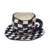 Vintage Hand-Painted Black And White Checkerboard Coffee Cup And Saucer Underglaze Ceramic Hand-Pinched Irregular Afternoon Tea Cup And Saucer Set