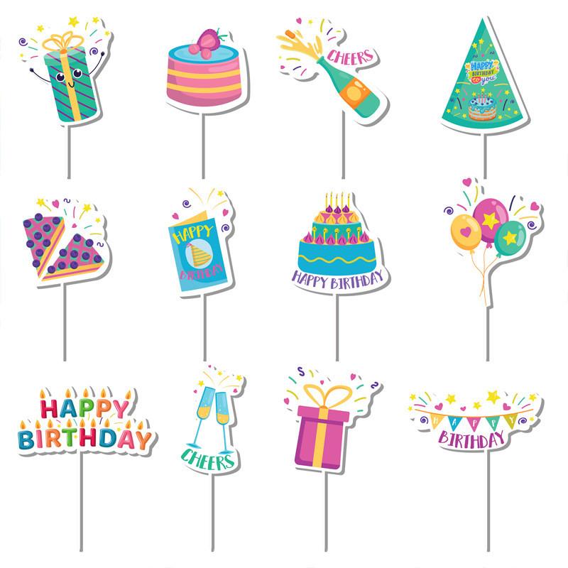 Cake Birthday Happy Toppers With Paper Flags For Party Decoration Set Of 12