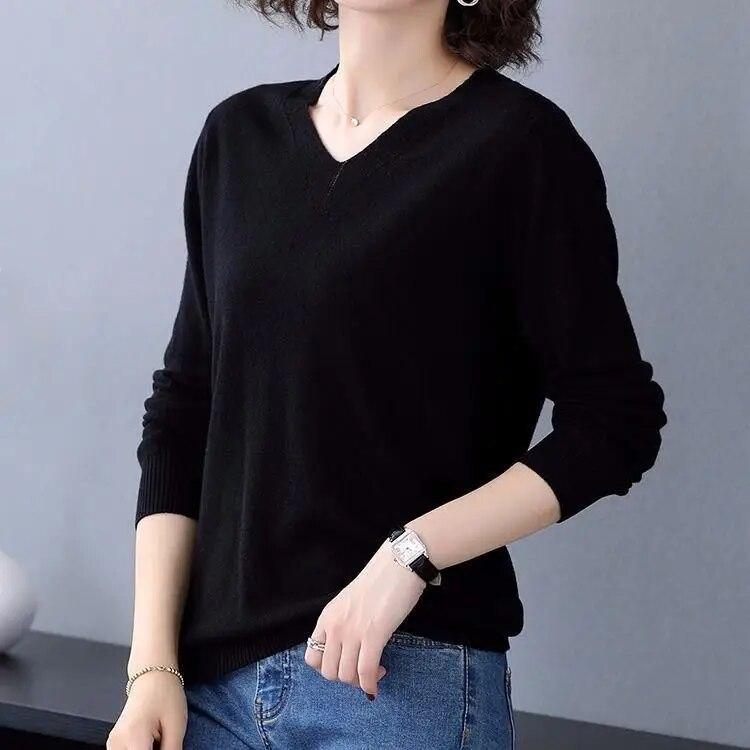 V-neck Knitted Top Women's Autumn Winter Fashion New Long Sleeve Knittwear Loose Solid Color Bottoming Sweater S-4XL