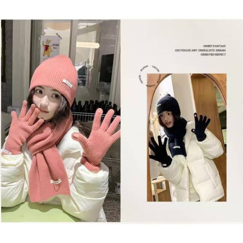 Baumwollstrick Wintermütze Schal Handschuhe Set Für Damen Mit Strukturmuster