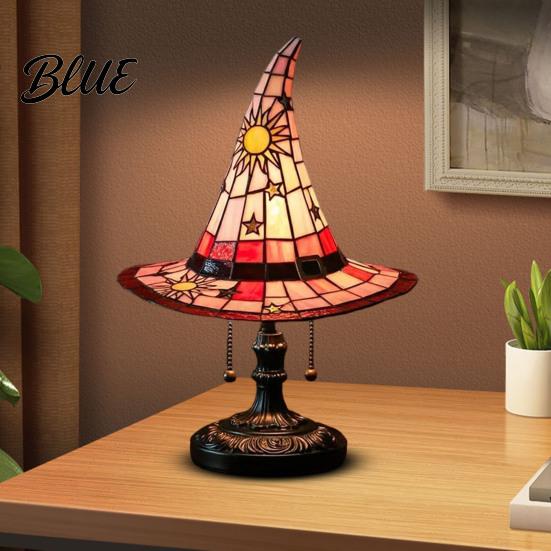Ambient Bedside Light Stained Glass Style Witch Hat Lamp USB Powered Resin Wizard Night Soft Warm Lamp with Sun Star Gothic Halloween Table