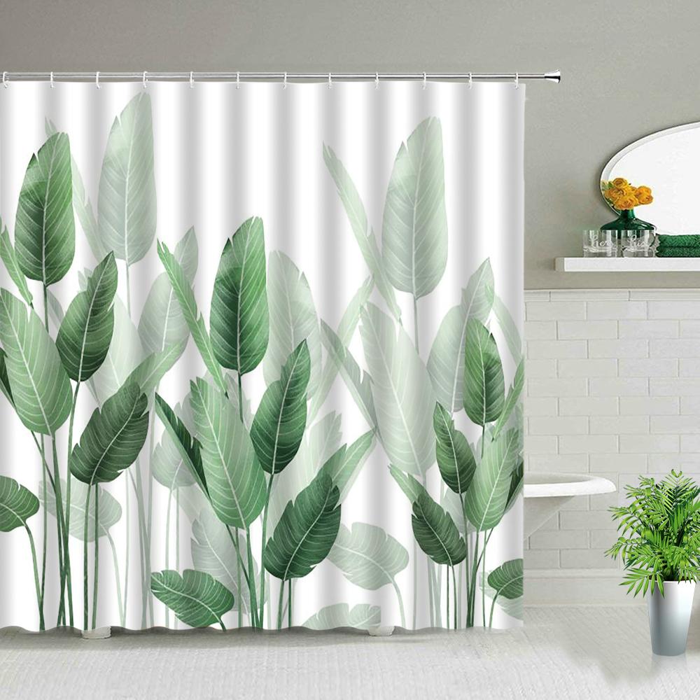 Green Leaves Shower Curtain Monstera Leaf Tropical Plant Spring Bathroom Curtain Bathtub Decor Waterproof Fabric with Hooks