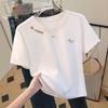 Damen-T-Shirt mit Rundhalsausschnitt, kurzen Ärmeln und Stickerei