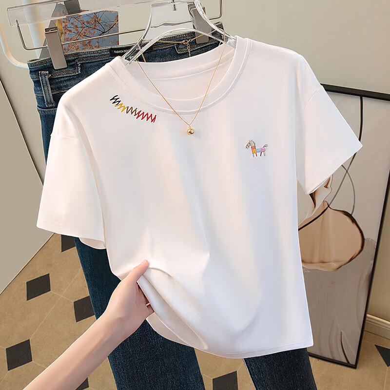 Damen-T-Shirt mit Rundhalsausschnitt, kurzen Ärmeln und Stickerei