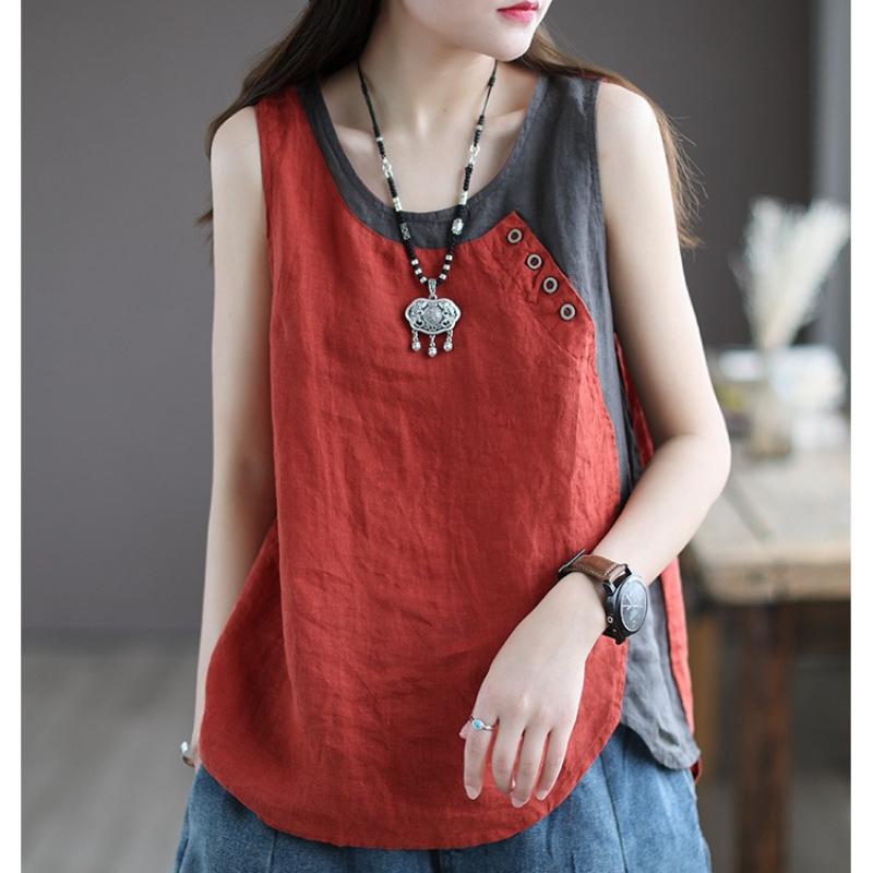 Sommerliche Neue Baumwoll-Leinen-Neckholder-Bluse für Damen, Asymmetrisches Oberteil, Knopfdekoration und Patchwork-Ärmelloses Top