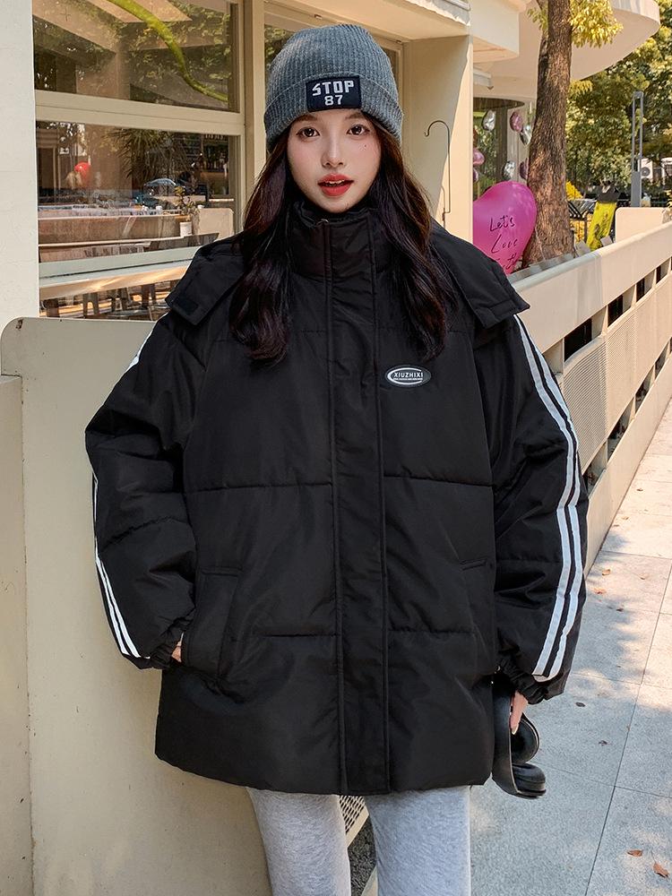 Women's 2024 Korean-Style Black Down Cotton Jacket - Winter Loose Fit, Trendy & Thickened for Students.