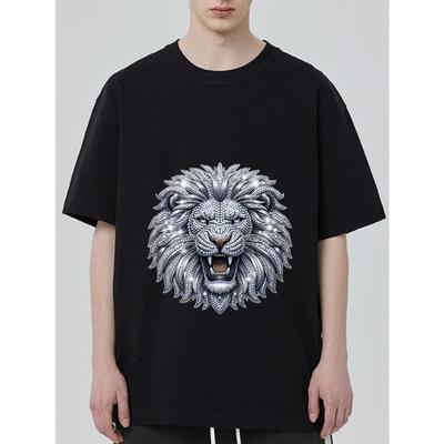 Tricou Negru cu Imprimeu Cap de Leu Argintiu pentru Purtare Casual