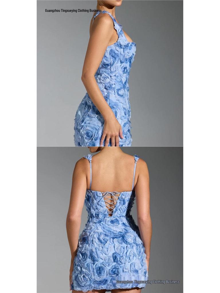 European-American Floral Square Neck Sleeveless Mini Dress