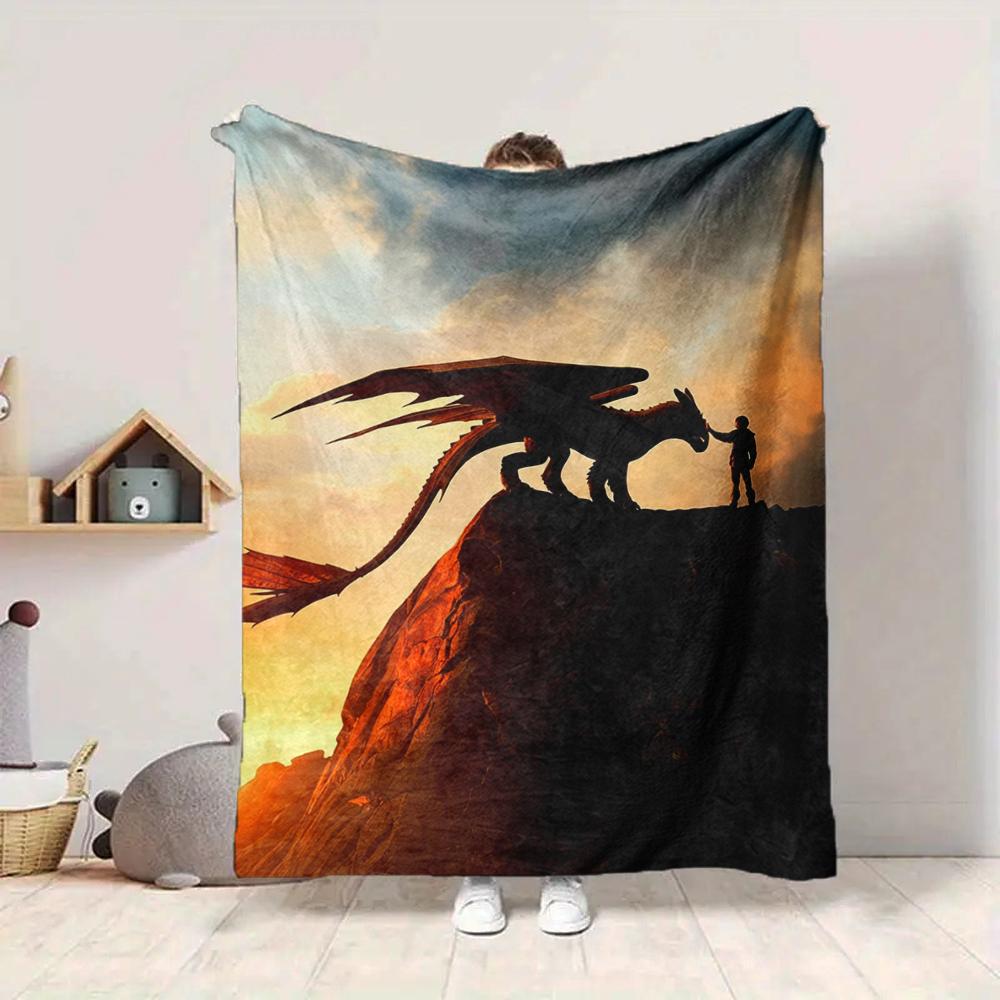 1Pc Dragon Child Sunset Blanket Soft And Comfortable Casual Warm Camping Travel Christmas Halloween Xmas Gift M928141