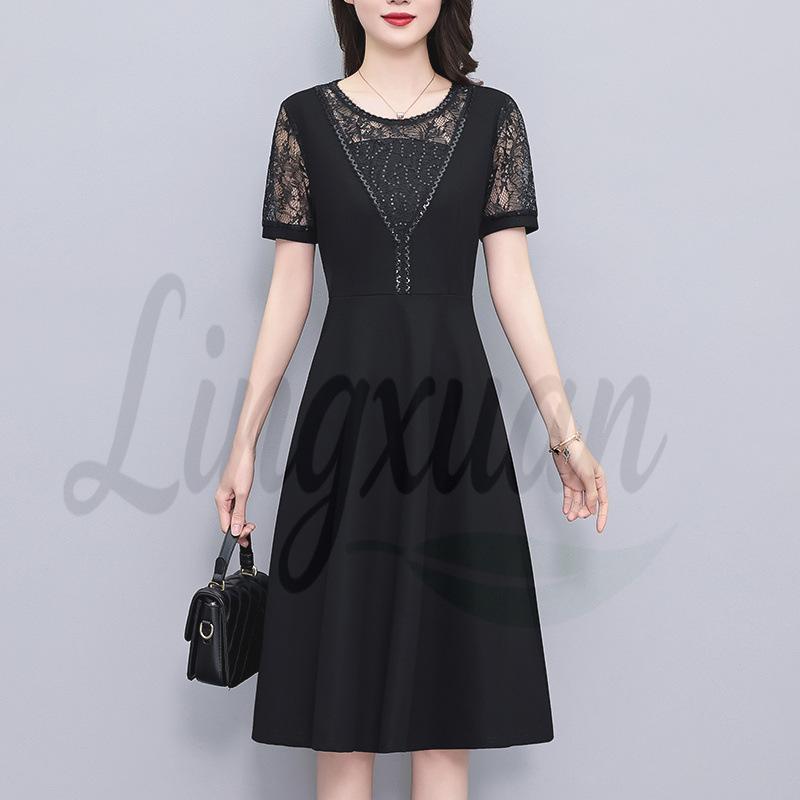

Hollow Lace Patchwork Short Sleeve Plus Size Summer Dress XL чёрный