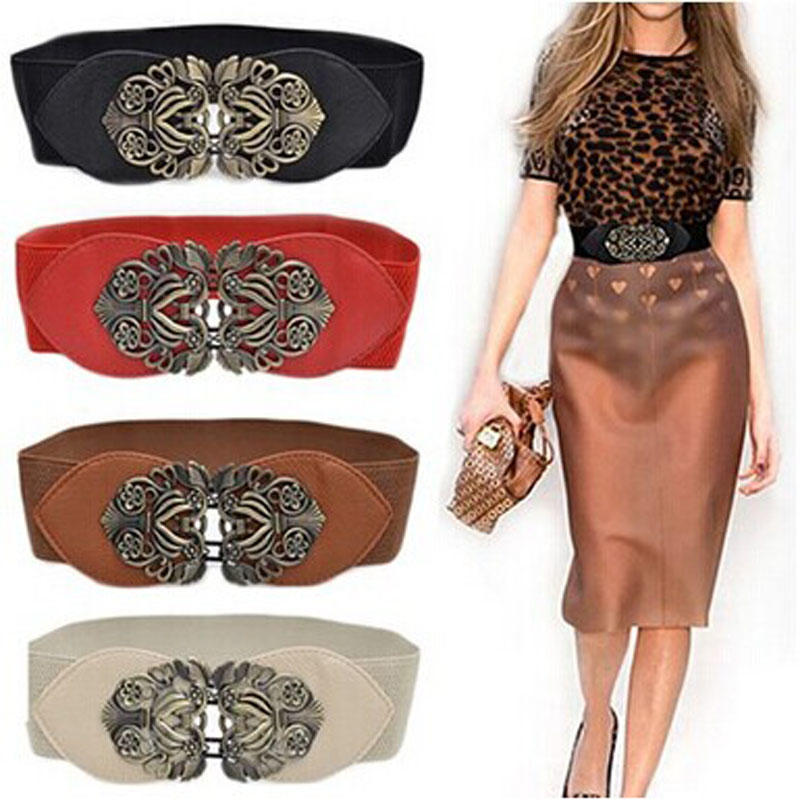 Beloved Womens Vintage Metal Buckle Elastic Stretch Waistband Wide Waist Belt