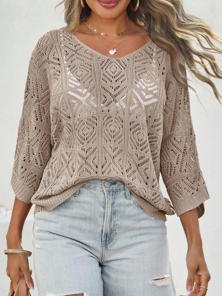 Women's Crochet Hollow Out Cover Up Top Off Shoulder Three Quarter Sleeve Mesh Beachwear