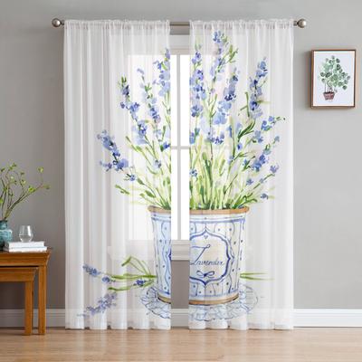 Blumentopf Lila Aquarellblumen Tüll Vorhänge für Wohnzimmer Küche Transparent Voile Vorhang Schlafzimmer Fensterpaneele