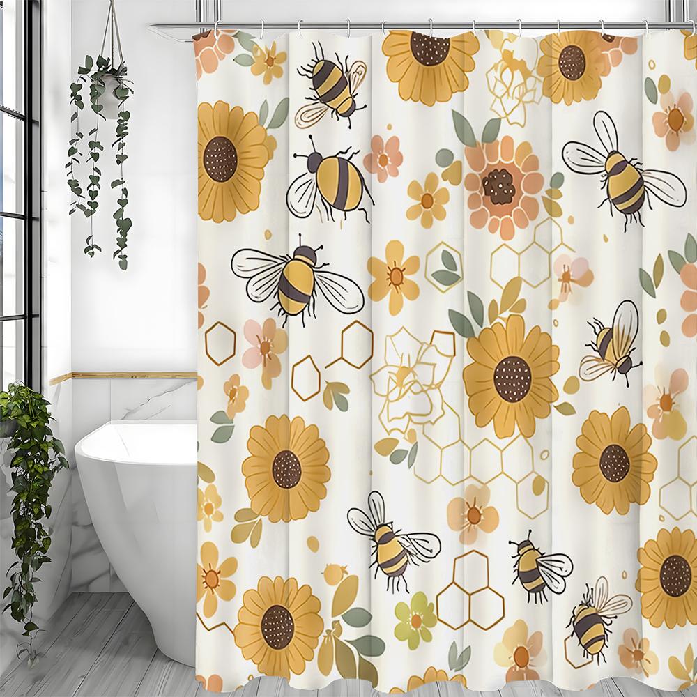 Yellow Floral Bee Shower Curtain, Bathroom Decorative Shower Curtain, Waterproof Shower Curtain with Hooks