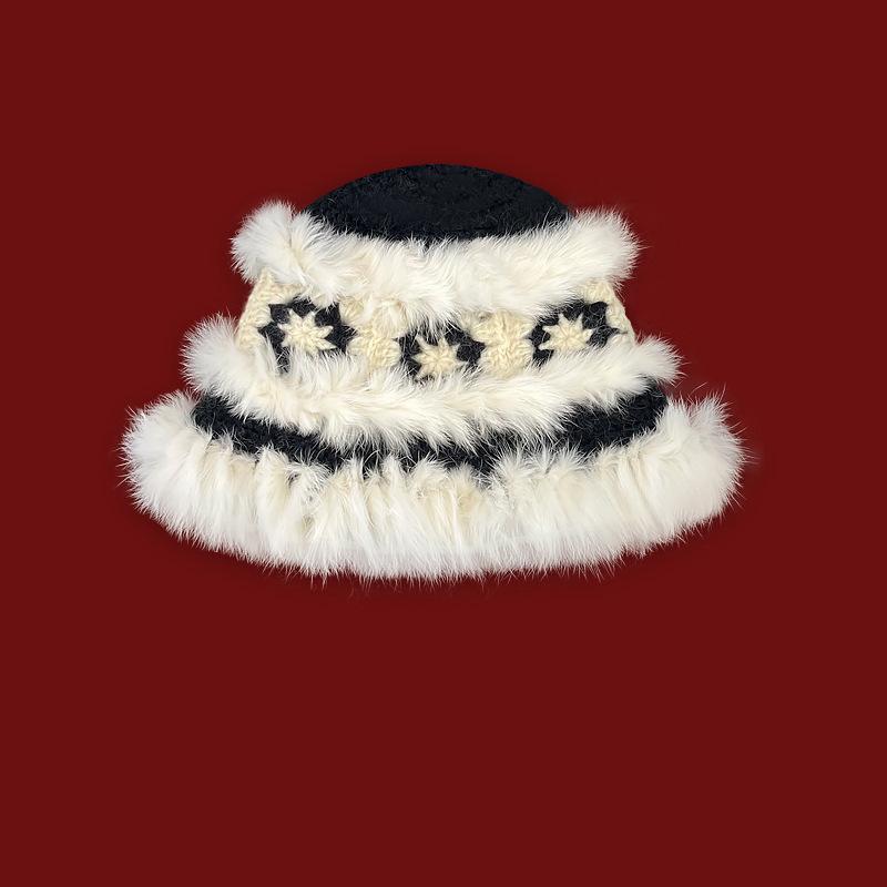 Autumn and winter new red lion hat women's warm versatile face small bucket hat cute rabbit hair handmade knitted hat