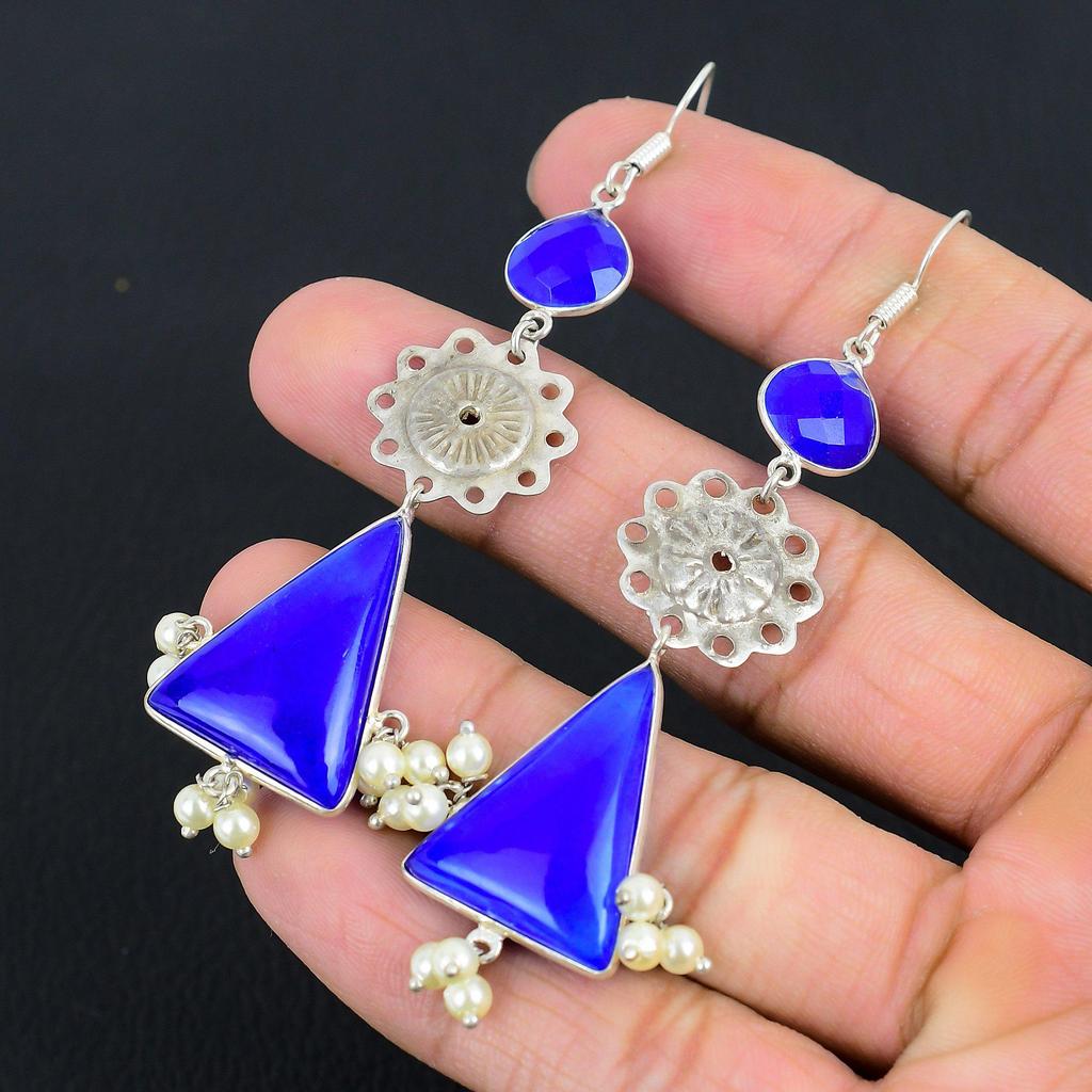 Daughters Day Sale Blue Sapphire Stone 925 Silver Boho Dangling Earrings Jewelry