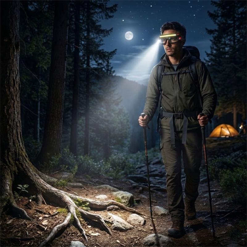Rechargeable Light Glasses with Horizontal Light Bar and Round Front Lamp, Clear Acrylic Lens for Camping and Outdoor Inspection Tasks