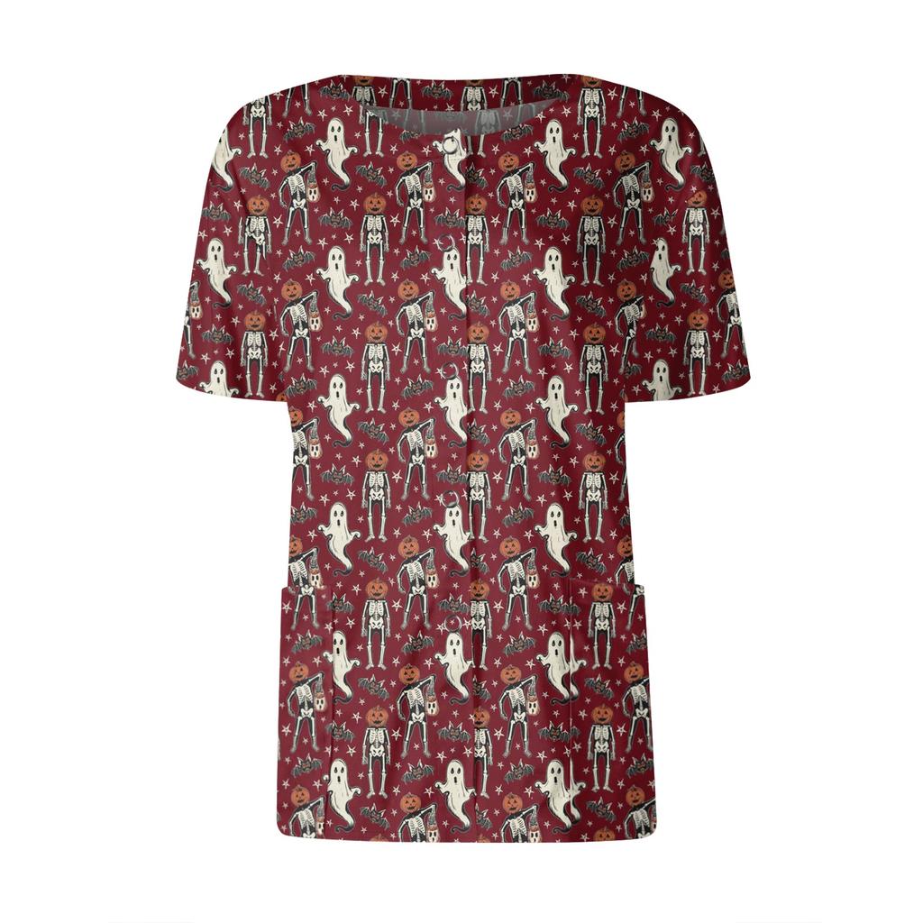 Women's Short Sleeved Patterned Pockets, Work Print Stand Up Collar, Single Breasted Protective Clothing, Cardigan Jacket, Top