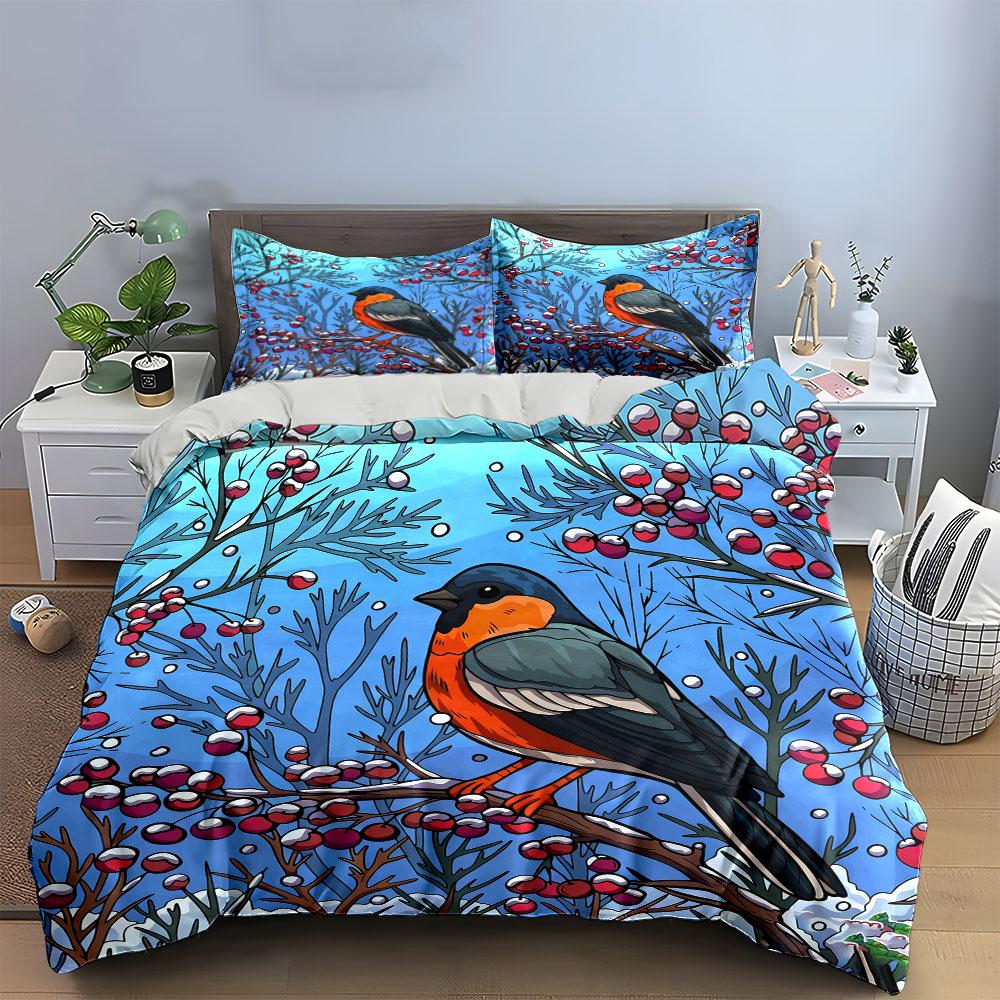 Winter Bird Decorative Set Soft Comfortable Duvet Cover Bedding Set Included 1*Duvet Cover & 2*Pillowcases, Gift