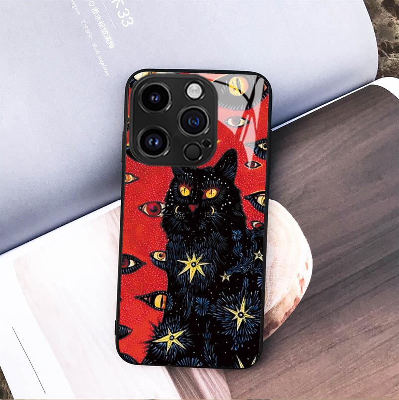 Retro Dark Cat Suitable for Apple 17/16pro Personalized Mobile Phone Case Iphone15 Glass Protective Case Hard Case