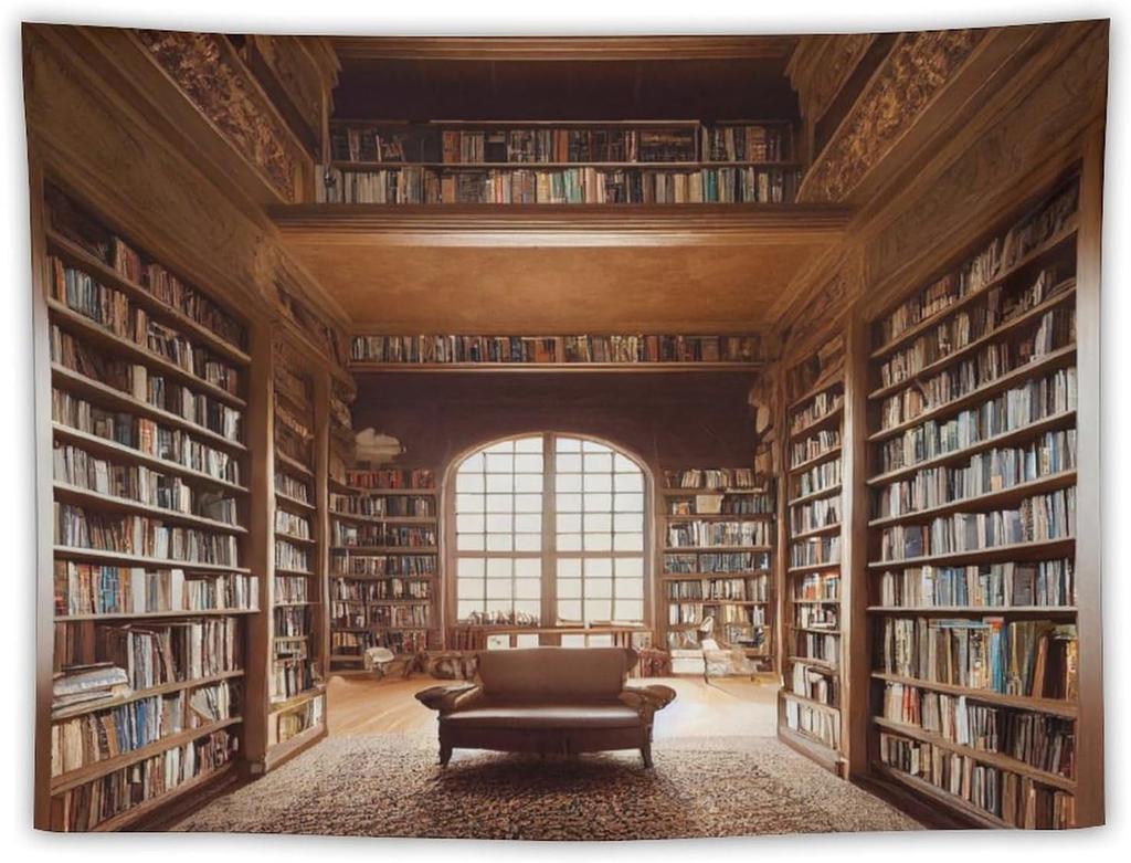 Retro Bookshelf Tapestry Vintage Library Wall Hanging Tapestries,Old Books On Shelf Classical Study Room Student Study College