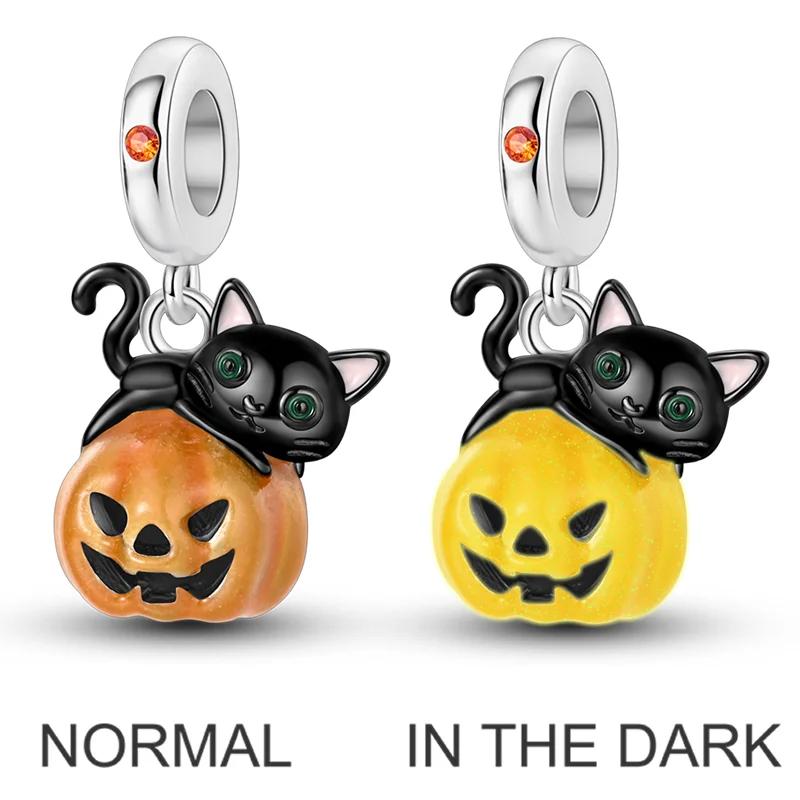 Halloween Charms Beads Copper Plated Pendants Luminous Pumpkin Head Dangle Fit Original Bangle Bracelet Necklace Diy Jewelry