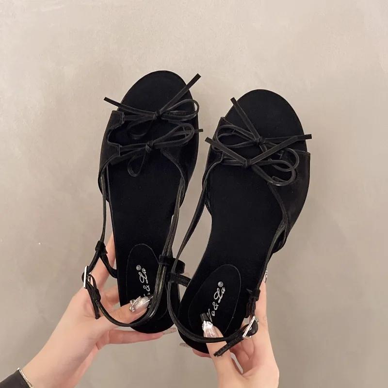 2025 Ladies Shoes Shallow Women's Sandals Summer Casual Butterfly-knot Plus Size New Open Toe Buckle Strap Flat Sandals