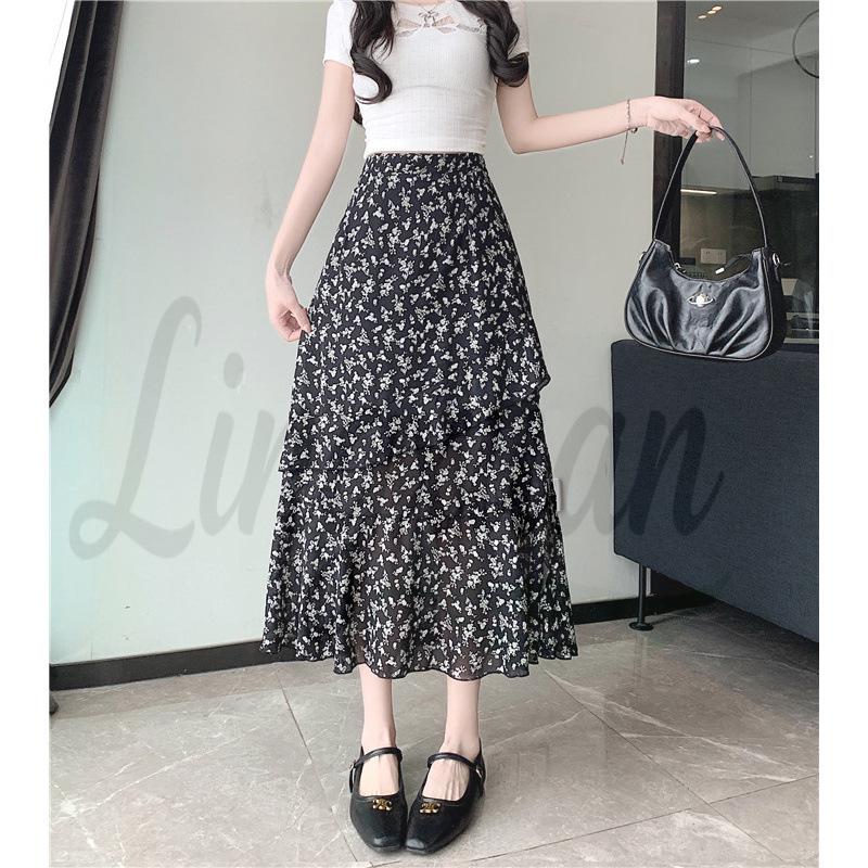 

Plus Size Floral Patchwork High Waist Midi Skirt 4XL чёрный/цветочный