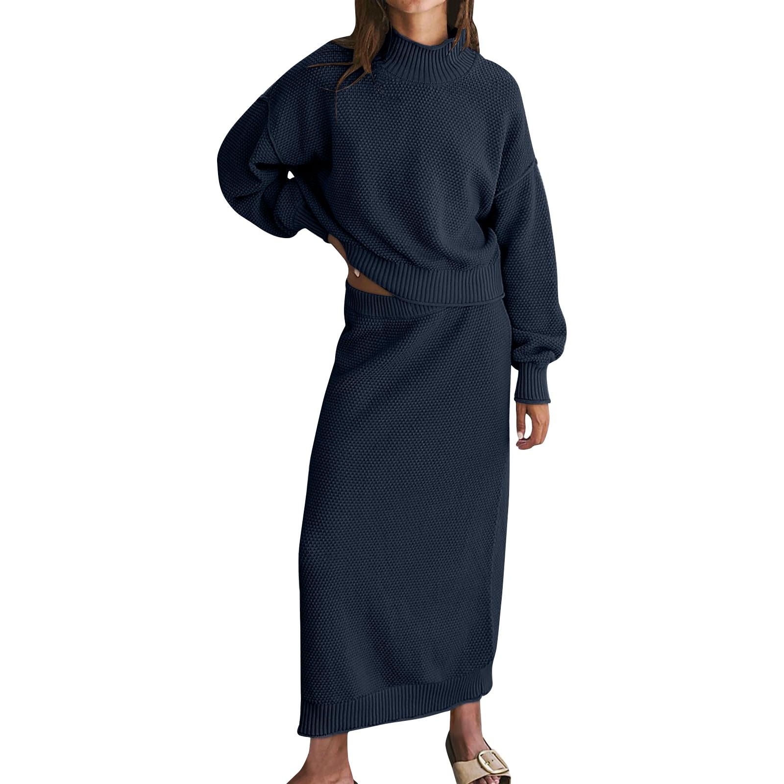 

Women s Sweater Set Long Sleeve High Neck Top Pencil Knit Dress Two Piece Set M