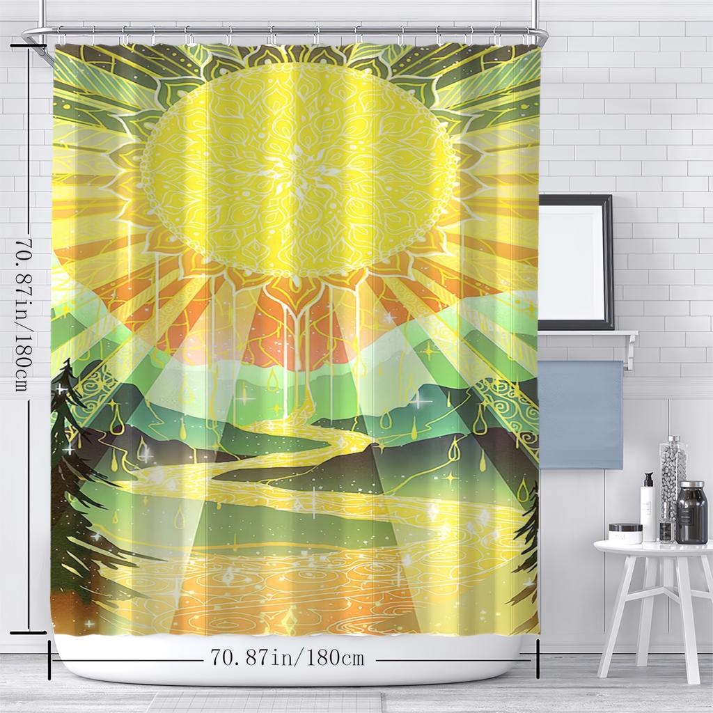 Sunshine & Harmony Digital Print Shower Curtain – Vibrant Sun, Earth & Nature Design, Reversible  for All-Season Home Decor
