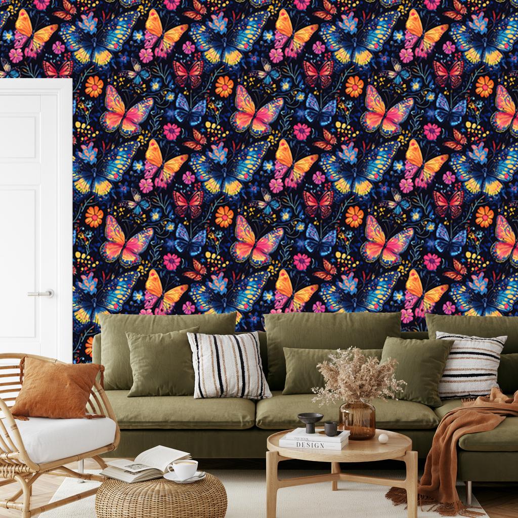 Wallpaper Colorful Butterflies Navy Blue for Living Room and Bedroom 50x1000